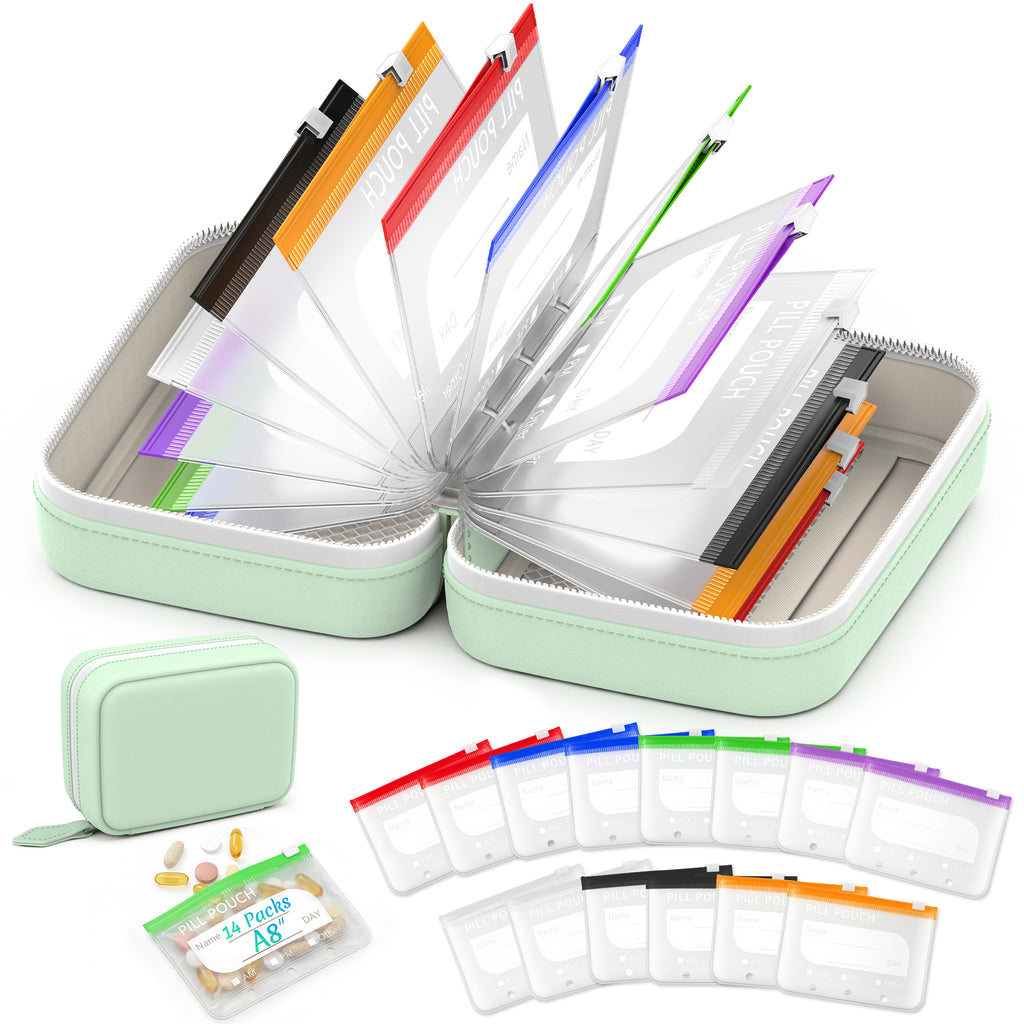 A8 Waterproof Pill Organizer with 14 Coded Pouches, Travel Pill Organizer | BPA-Free Zippered Reusable Pill Pouch Set, Weekly Travel Medicine Organizer, for Fish Oils, Vitamins（Green）