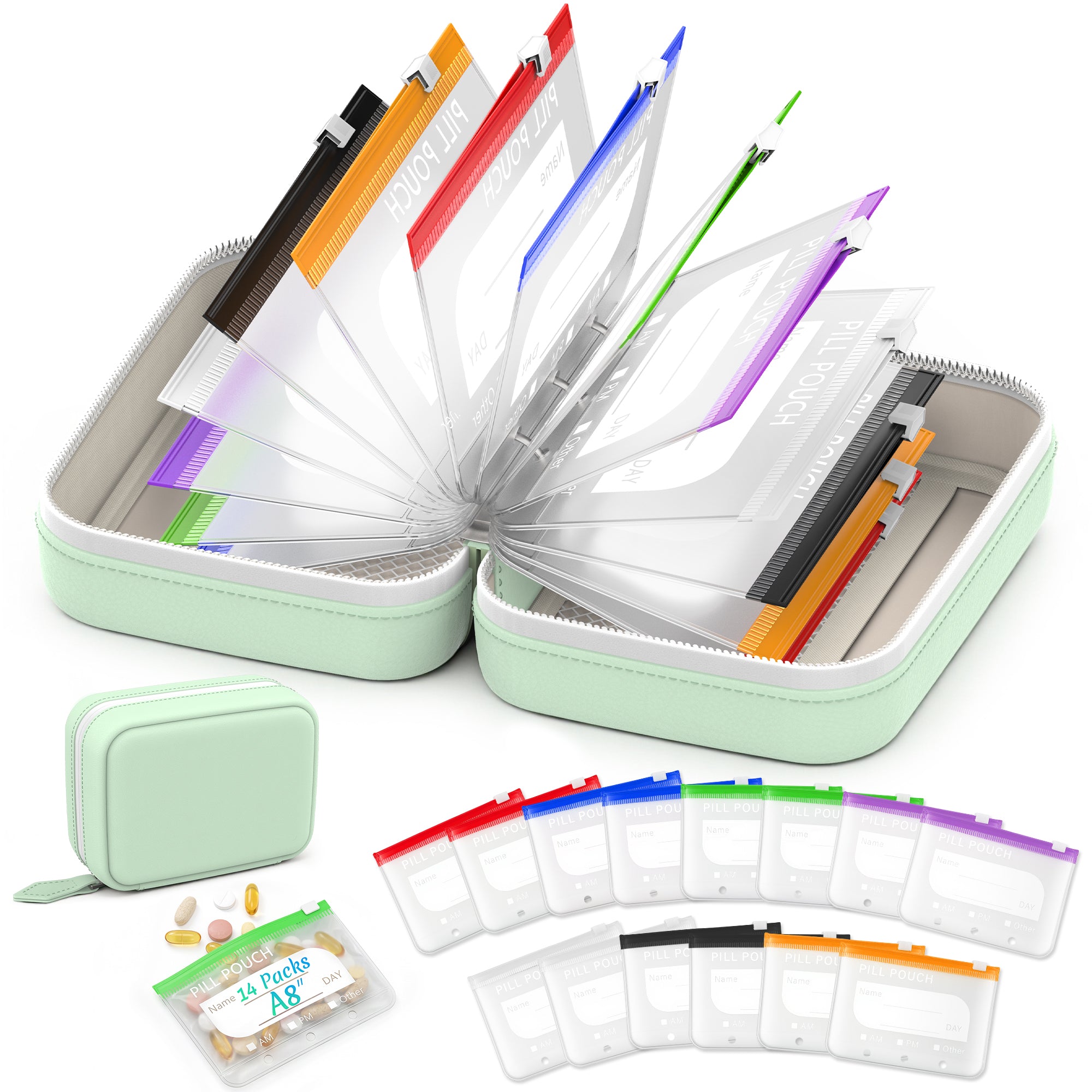 A8 Waterproof Pill Organizer with 14 Coded Pouches, Travel Pill Organizer | BPA-Free Zippered Reusable Pill Pouch Set, Weekly Travel Medicine Organizer, for Fish Oils, Vitamins（Green）