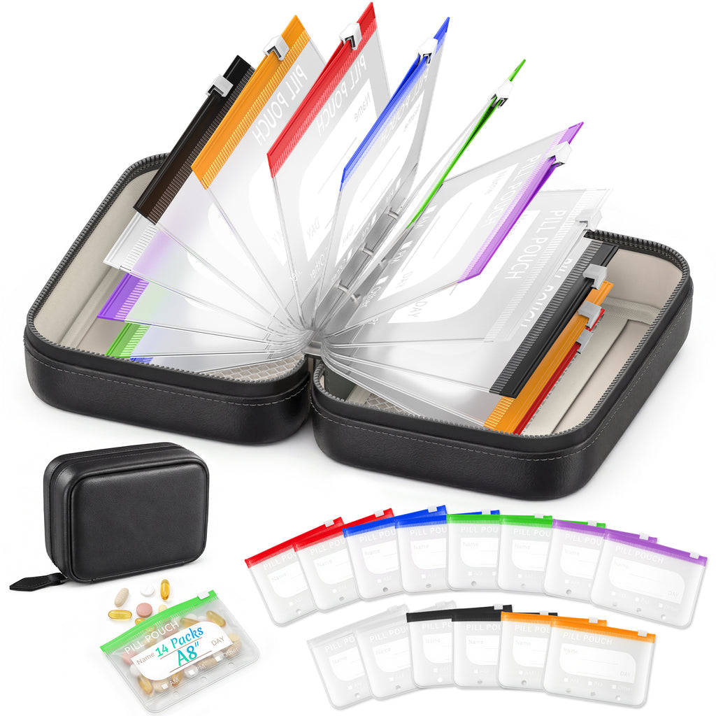 A8 Waterproof Pill Organizer with 14 Coded Pouches, Travel Pill Organizer | BPA-Free Zippered Reusable Pill Pouch Set, Weekly Travel Medicine Organizer, for Fish Oils, Vitamins（Green）