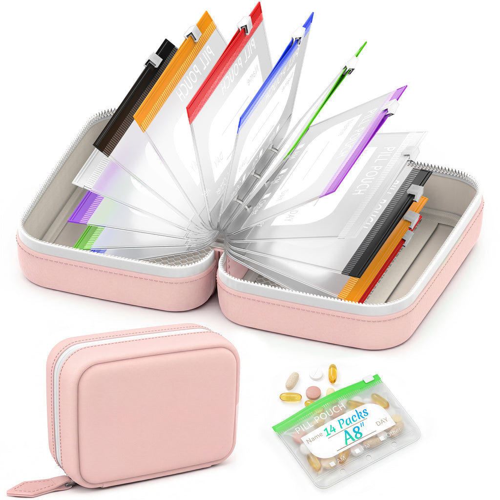 A8 Waterproof Pill Organizer with 14 Coded Pouches, Travel Pill Organizer | BPA-Free Zippered Reusable Pill Pouch Set, Weekly Travel Medicine Organizer, for Fish Oils, Vitamins（Green）