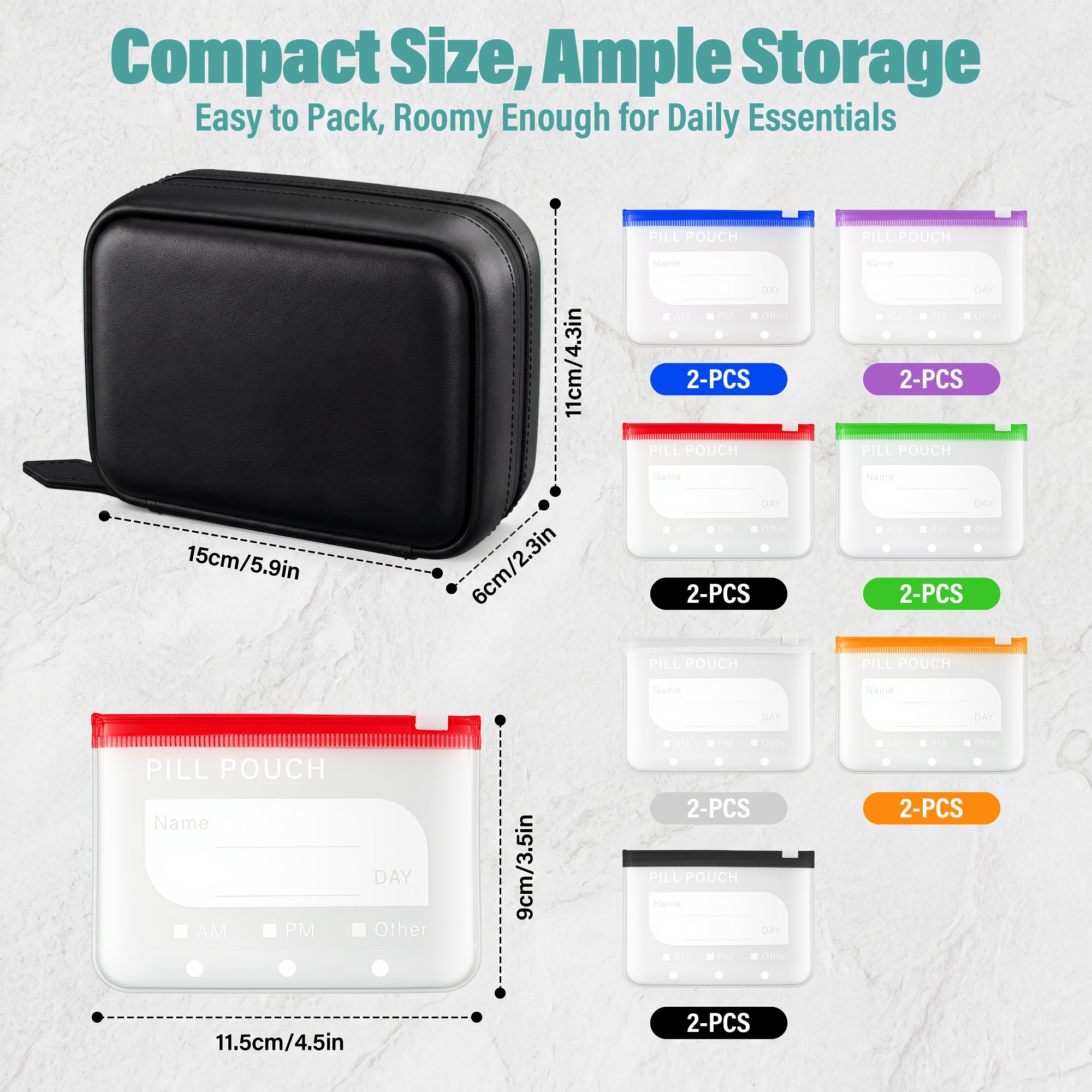 A8 Waterproof Pill Organizer with 14 Coded Pouches, Travel Pill Organizer | BPA-Free Zippered Reusable Pill Pouch Set, Weekly Travel Medicine Organizer, for Fish Oils, Vitamins（Green）