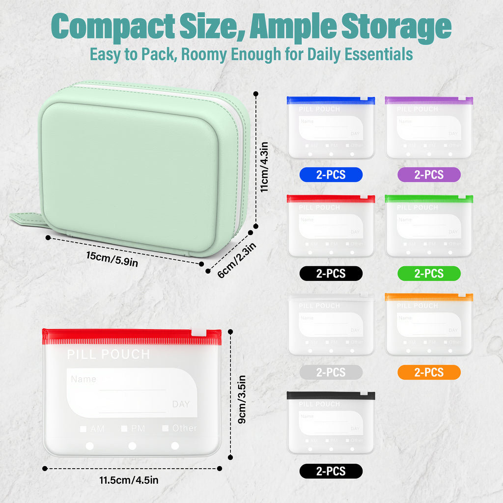 A8 Waterproof Pill Organizer with 14 Coded Pouches, Travel Pill Organizer | BPA-Free Zippered Reusable Pill Pouch Set, Weekly Travel Medicine Organizer, for Fish Oils, Vitamins（Green）