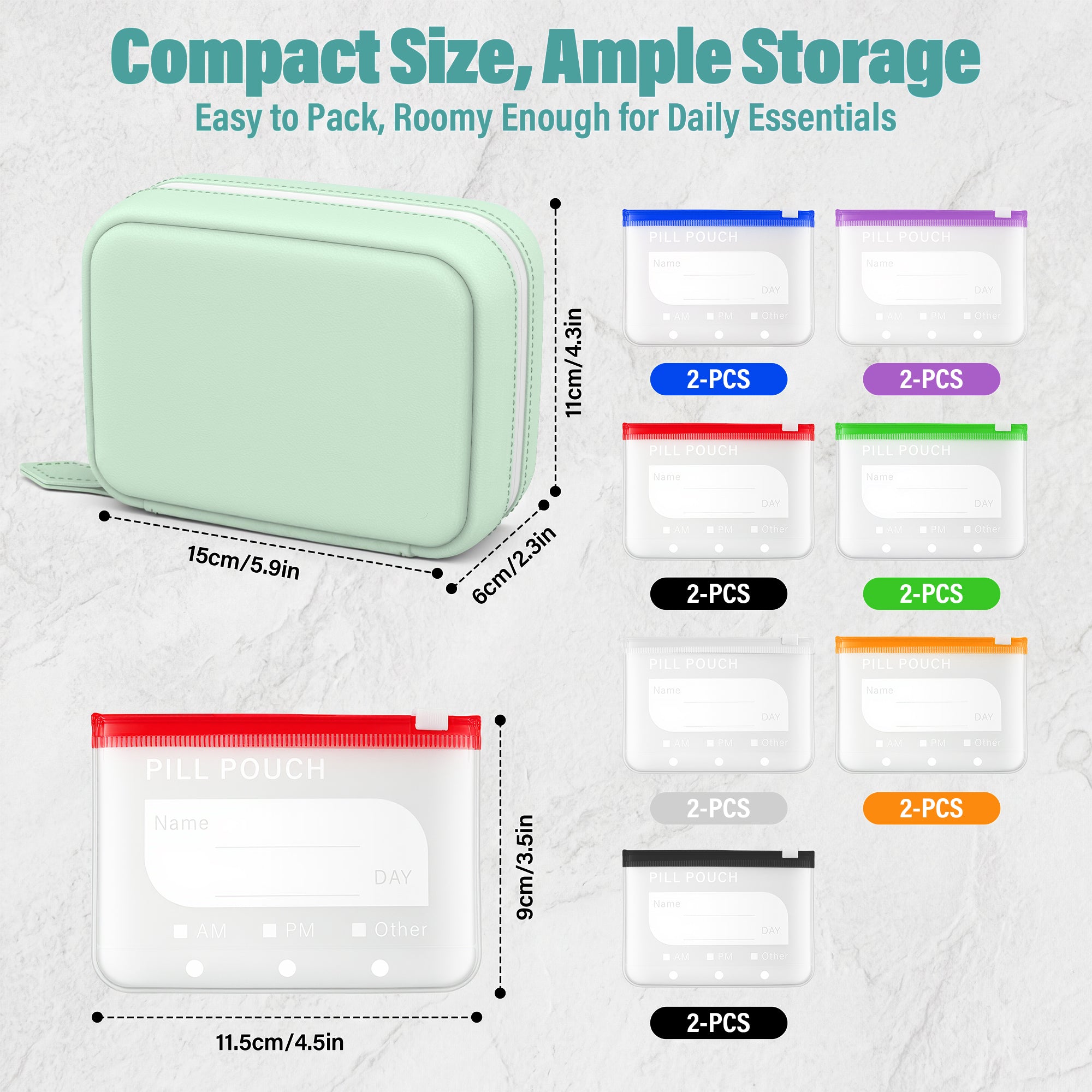 A8 Waterproof Pill Organizer with 14 Coded Pouches, Travel Pill Organizer | BPA-Free Zippered Reusable Pill Pouch Set, Weekly Travel Medicine Organizer, for Fish Oils, Vitamins（Green）