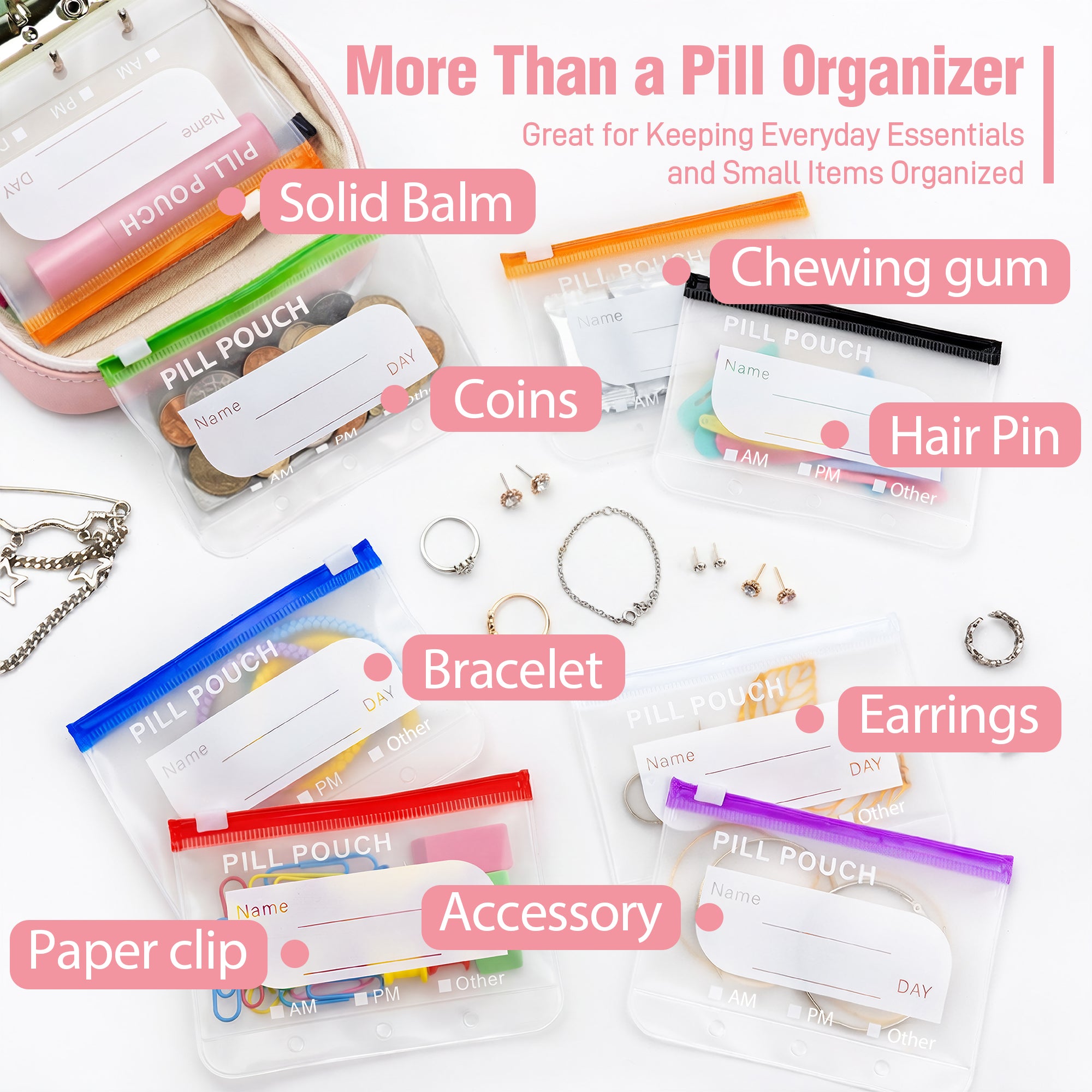 A8 Waterproof Pill Organizer with 14 Coded Pouches, Travel Pill Organizer | BPA-Free Zippered Reusable Pill Pouch Set, Weekly Travel Medicine Organizer, for Fish Oils, Vitamins（Green）