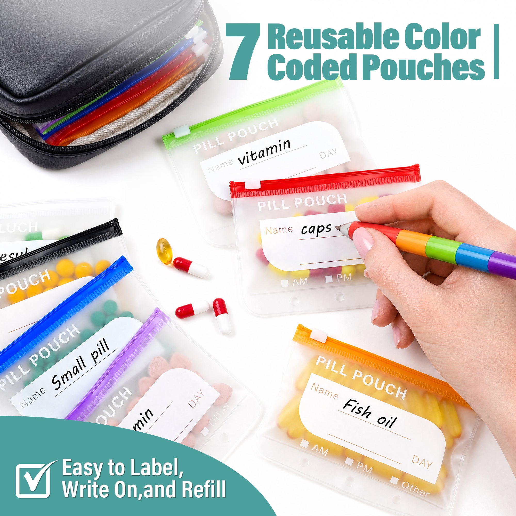A8 Waterproof Pill Organizer with 14 Coded Pouches, Travel Pill Organizer | BPA-Free Zippered Reusable Pill Pouch Set, Weekly Travel Medicine Organizer, for Fish Oils, Vitamins（Green）