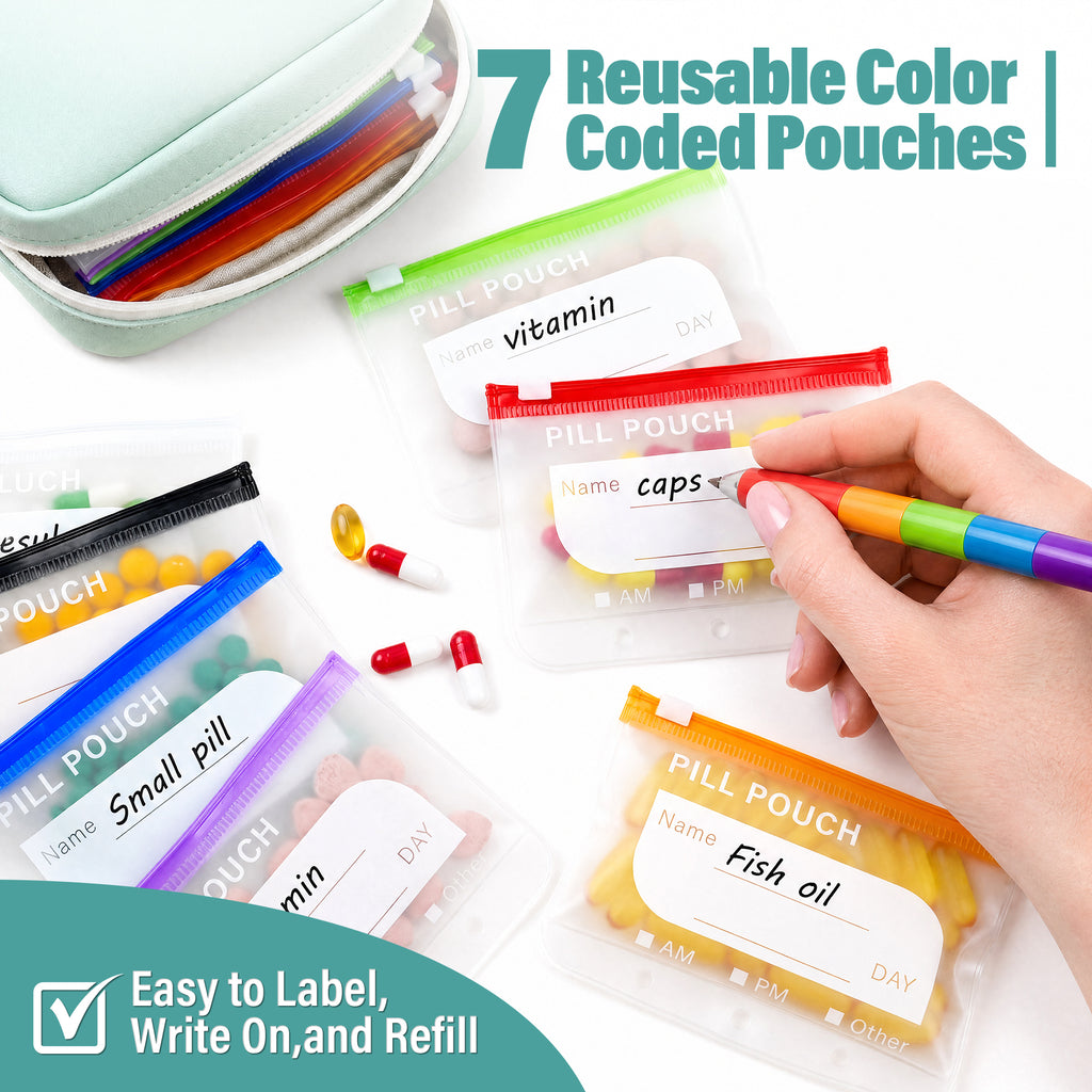 A8 Waterproof Pill Organizer with 14 Coded Pouches, Travel Pill Organizer | BPA-Free Zippered Reusable Pill Pouch Set, Weekly Travel Medicine Organizer, for Fish Oils, Vitamins（Green）