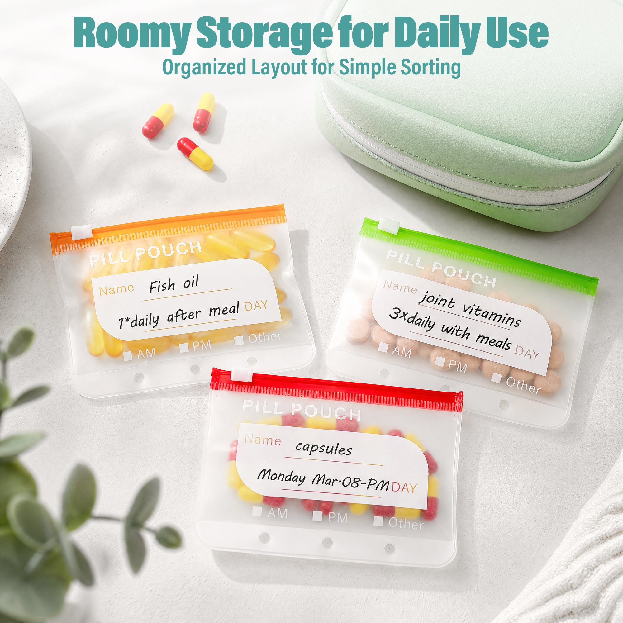 A8 Waterproof Pill Organizer with 14 Coded Pouches, Travel Pill Organizer | BPA-Free Zippered Reusable Pill Pouch Set, Weekly Travel Medicine Organizer, for Fish Oils, Vitamins（Green）