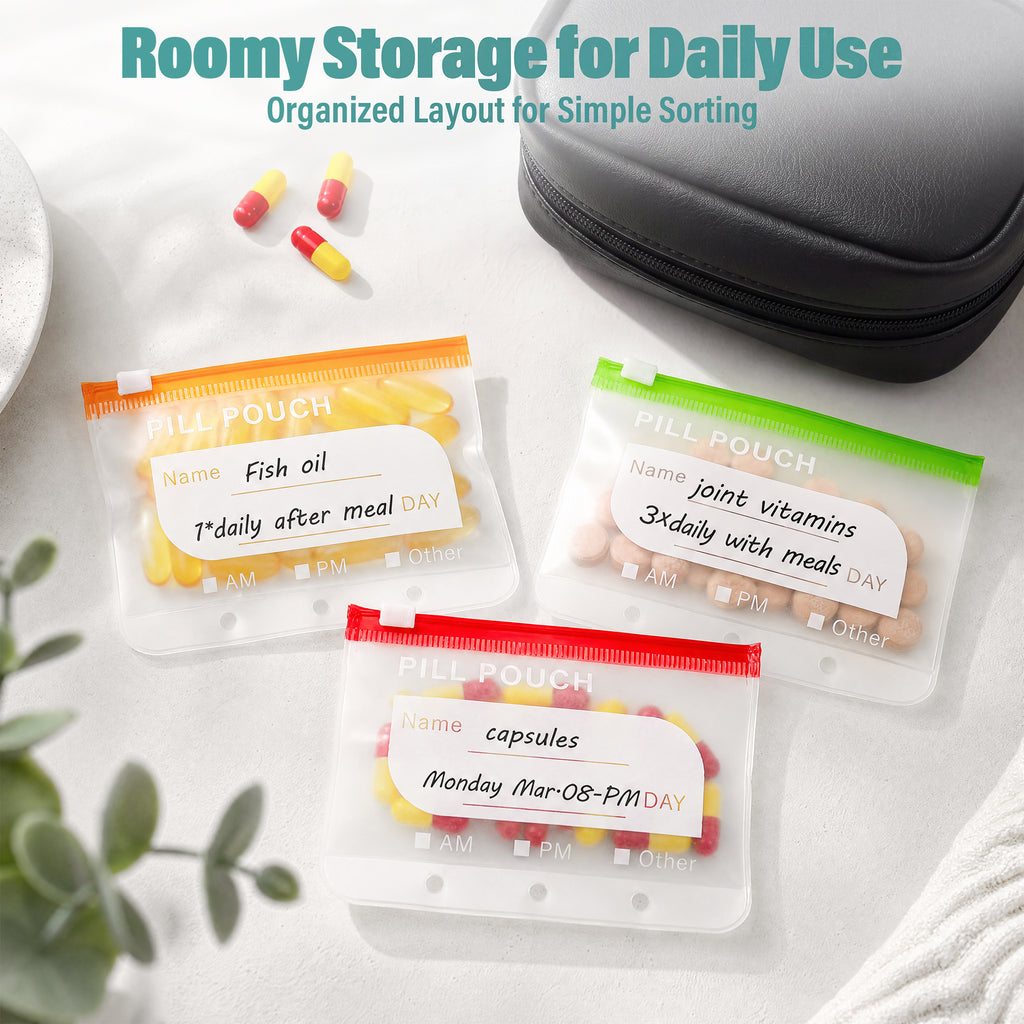 A8 Waterproof Pill Organizer with 14 Coded Pouches, Travel Pill Organizer | BPA-Free Zippered Reusable Pill Pouch Set, Weekly Travel Medicine Organizer, for Fish Oils, Vitamins（Green）