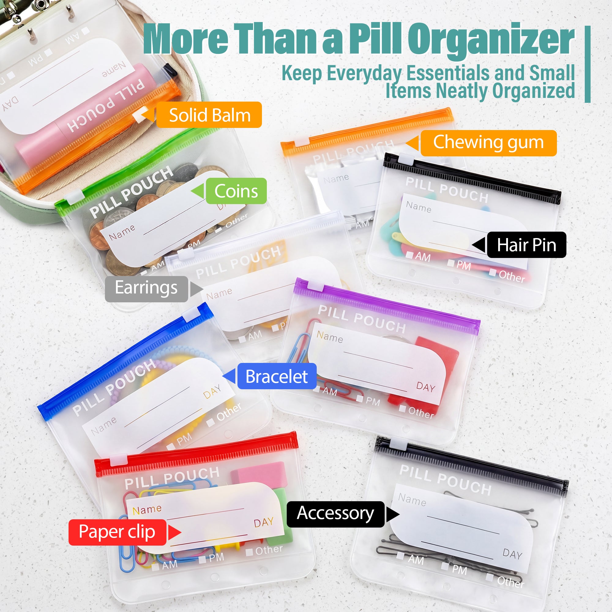A8 Waterproof Pill Organizer with 14 Coded Pouches, Travel Pill Organizer | BPA-Free Zippered Reusable Pill Pouch Set, Weekly Travel Medicine Organizer, for Fish Oils, Vitamins（Green）