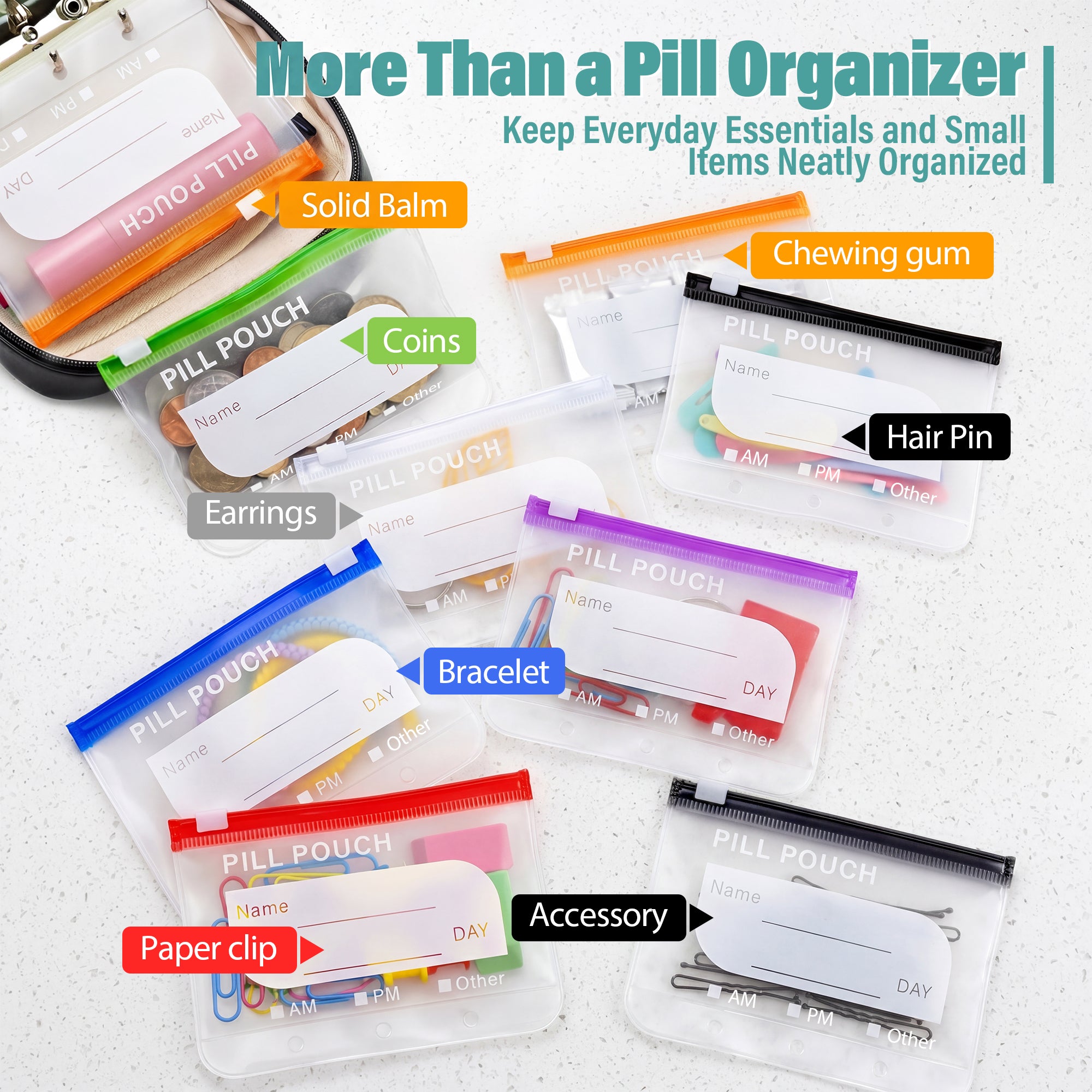 A8 Waterproof Pill Organizer with 14 Coded Pouches, Travel Pill Organizer | BPA-Free Zippered Reusable Pill Pouch Set, Weekly Travel Medicine Organizer, for Fish Oils, Vitamins（Green）