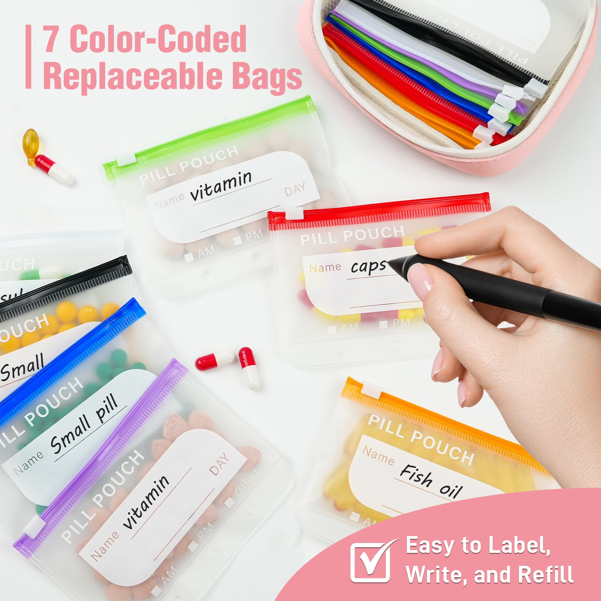 A8 Waterproof Pill Organizer with 14 Coded Pouches, Travel Pill Organizer | BPA-Free Zippered Reusable Pill Pouch Set, Weekly Travel Medicine Organizer, for Fish Oils, Vitamins（Green）