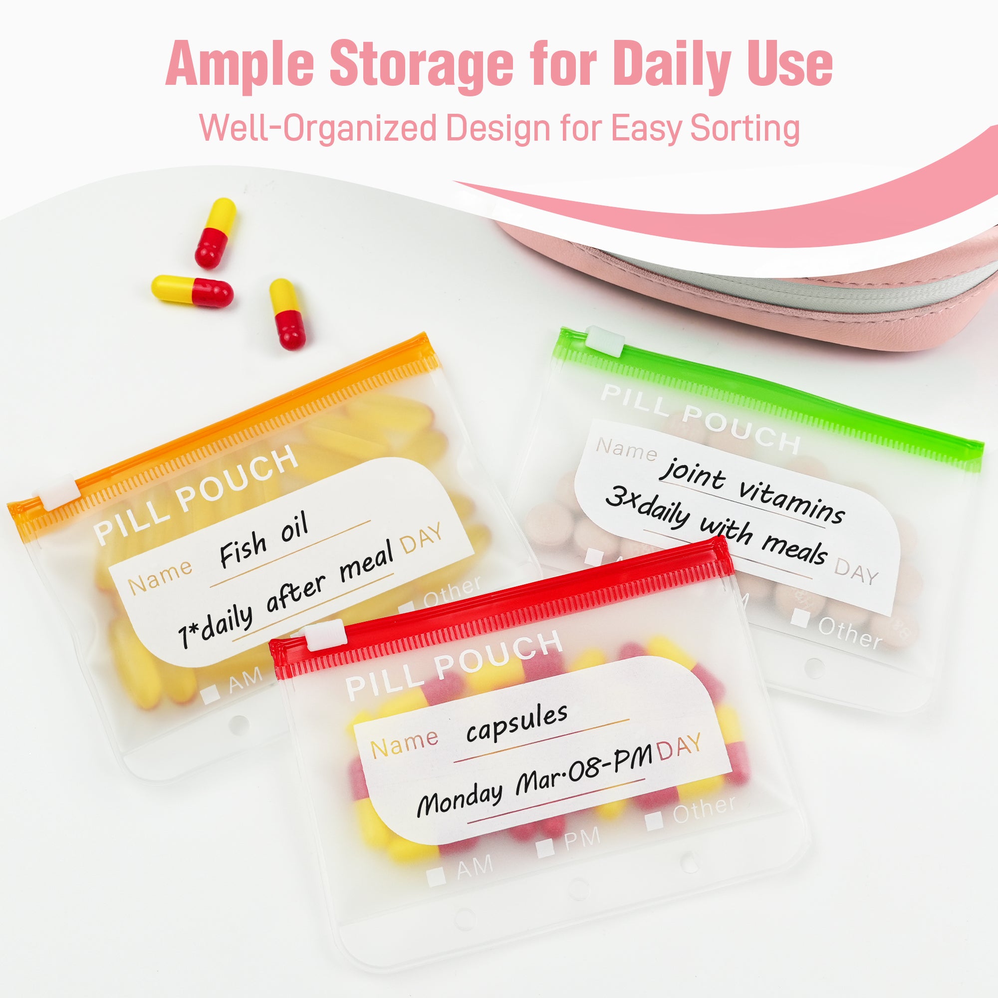 A8 Waterproof Pill Organizer with 14 Coded Pouches, Travel Pill Organizer | BPA-Free Zippered Reusable Pill Pouch Set, Weekly Travel Medicine Organizer, for Fish Oils, Vitamins（Green）