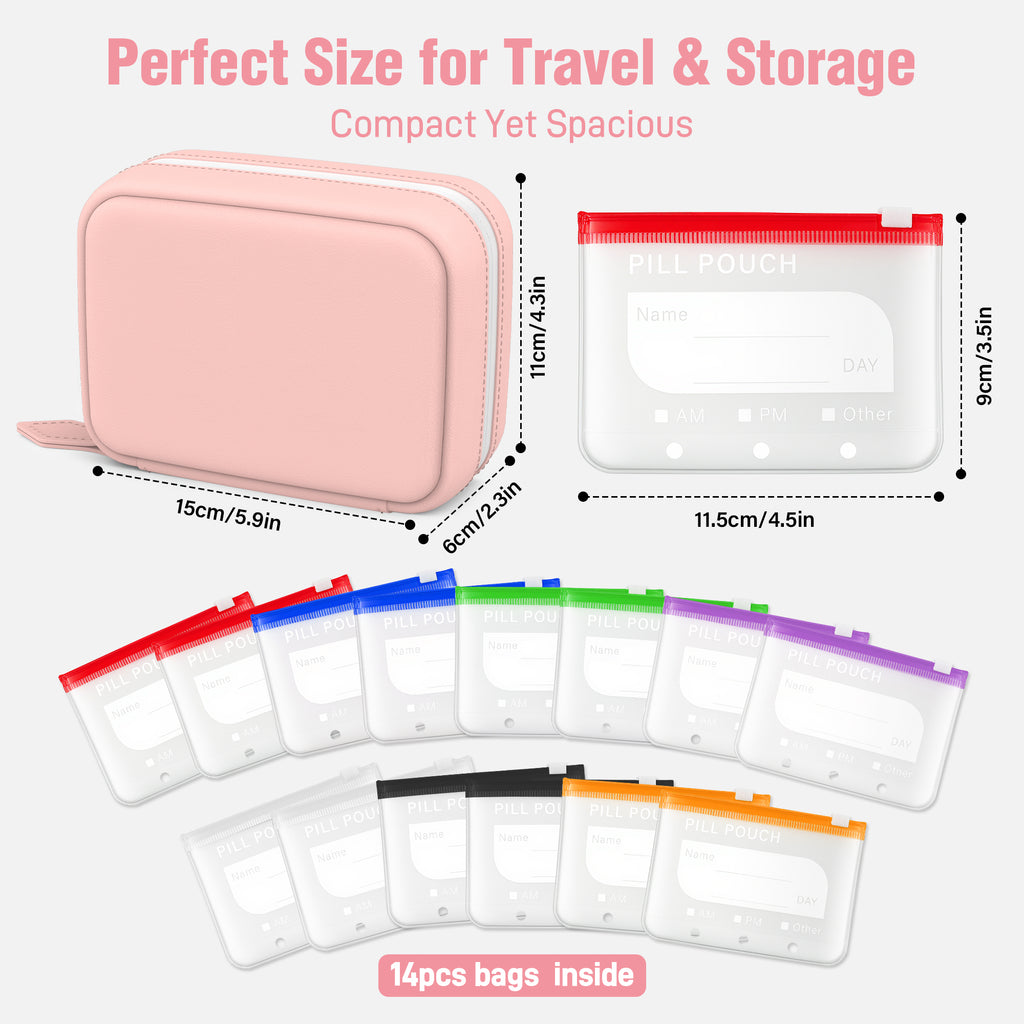 A8 Waterproof Pill Organizer with 14 Coded Pouches, Travel Pill Organizer | BPA-Free Zippered Reusable Pill Pouch Set, Weekly Travel Medicine Organizer, for Fish Oils, Vitamins（Green）