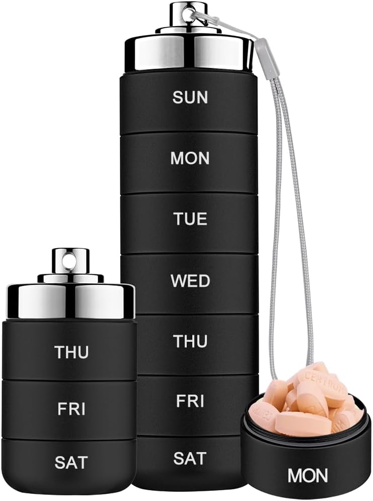Mossime Metal Travel Pill Organizer, Portable 7 Day Vitamin Organizer Stackable, Waterproof 1 Times A Day Pill Box, Large Pill Container, Daily Medicine Organizer for Vitamin, Fish Oil, Supplement（Black））